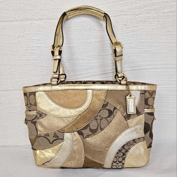 Coach Mosaic Leather Patchwork Shoulder Tote Bag in Gold and Tan F0993-F14004 - Picture 1 of 17